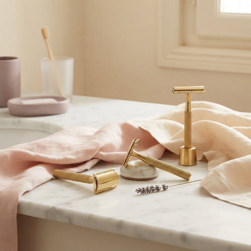 Three Novera Solo brass precision razors displayed elegantly on a cream and blush pink marble vanity surface.