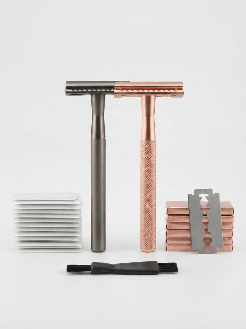 A Novera Solo brass precision razor resting on a marble bathroom countertop in natural light.