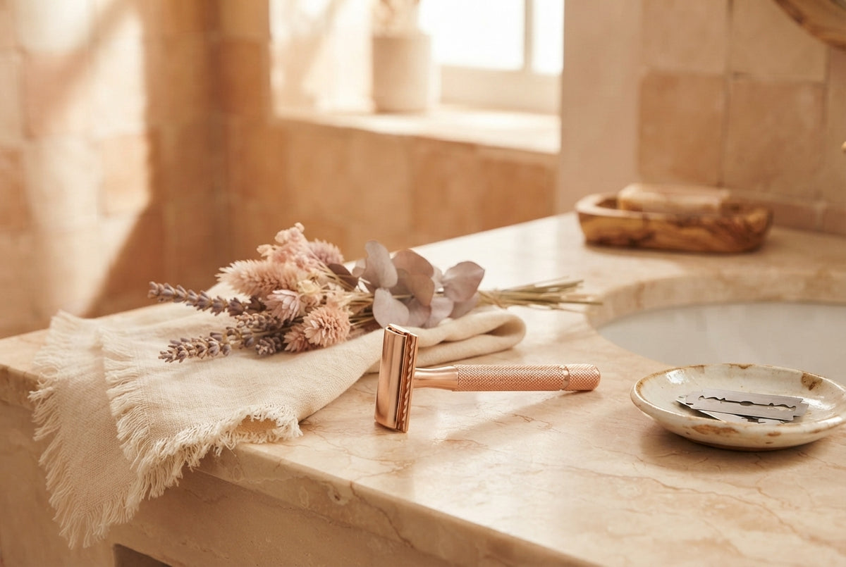 A Novera Solo brass razor on a marble surface with warm pink and cream decor in a bright bathroom setting.